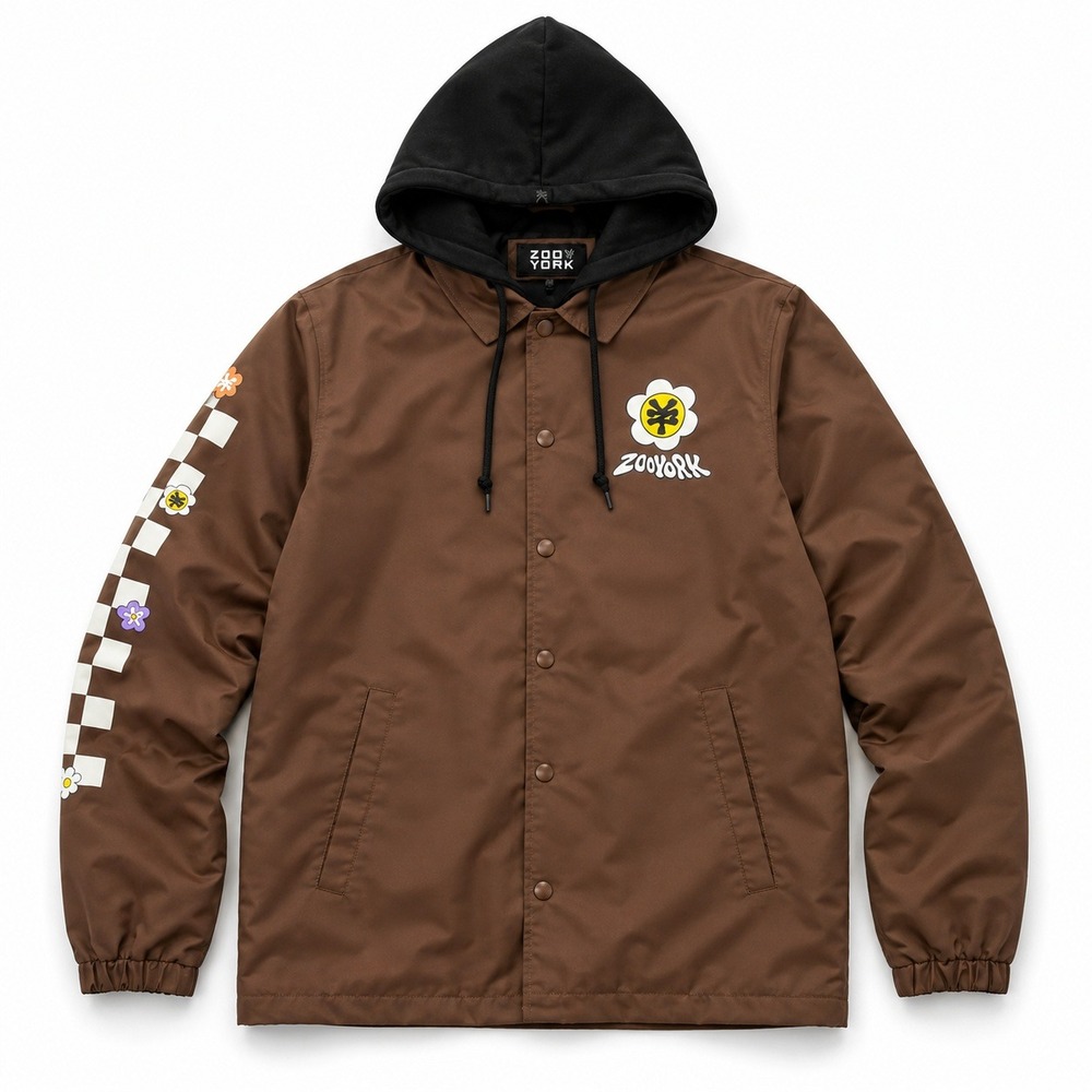 Zoo York Hooded Jacket Brown Floral Checkerboard Skate Streetwear Y2K Size S